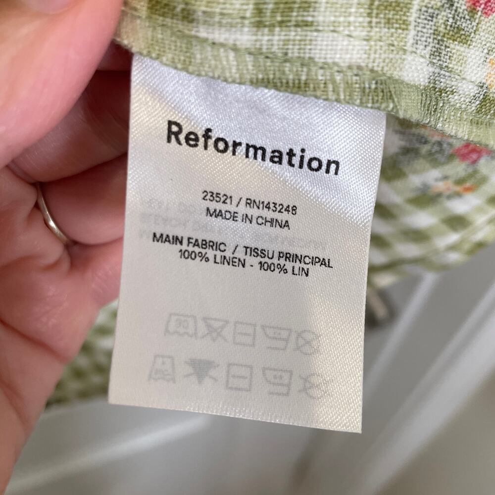 Reformation Roarke Floral‎ Check Mini Sun Dress Green Gingham Sweetheart Linen 2 - Picture 4 of 5